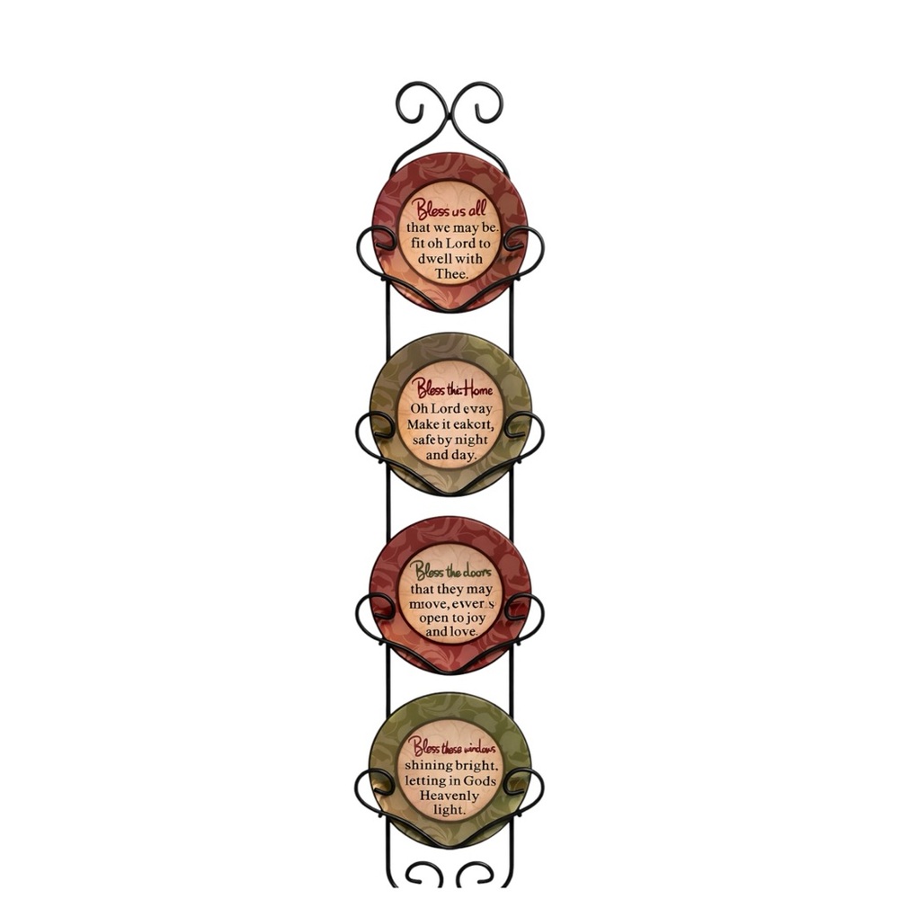 Bless This Home Wall Plaque Decor with 4 Plates Metal Scroll Rack